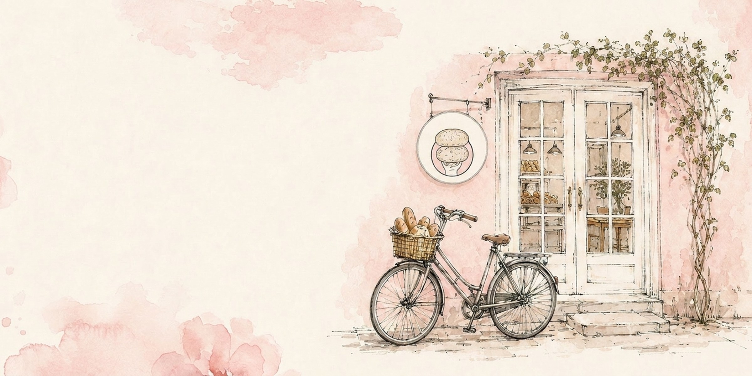 Watercolor illustration of Eby's storefront with a bicycle, bread basket, climbing vine and hanging sign.